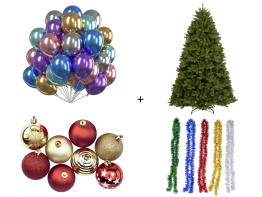 CHRISTMAS TREE 6ft, A PACK OF 50PCS 12 INCH METALLIC BALLOONS,8PCS OF 50mm CHRISTMAS BALL ORNAMENTS, AND 5PCS OF CHRISTMAS GARLAND TINSEL HANGING STRINGS