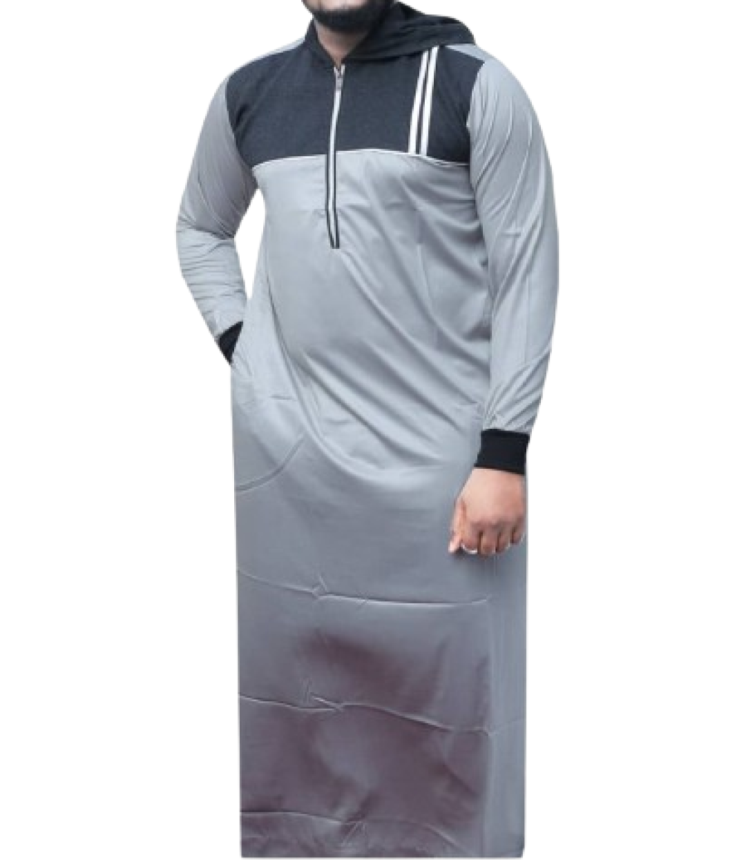 HOODED TUNIC KANZU FOR MEN,DARK SILVER, ISLAMIC OR MUSLIM CLOTHING COLLECTIONS, PRAYER ROBES, CHEST AND WRIST COLOUR PATTERNS,VARIED SIZES,LONG SLEEVED, NO CHEST POCKETS, ZIP LINE CHEST, MODESTY, SIMPLE AND CLASSY, FROM TURKEY