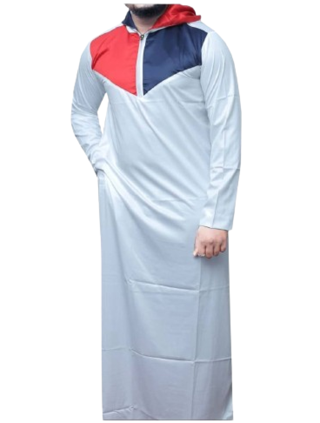 HOODED TUNIC KANZU FOR MEN,OFF-WHITE, ISLAMIC OR MUSLIM CLOTHING COLLECTIONS, PRAYER ROBES, CHEST AND WRIST COLOUR PATTERNS,VARIED SIZES,LONG SLEEVED, NO CHEST POCKETS, ZIP LINE CHEST, MODESTY, SIMPLE AND CLASSY, FROM TURKEY