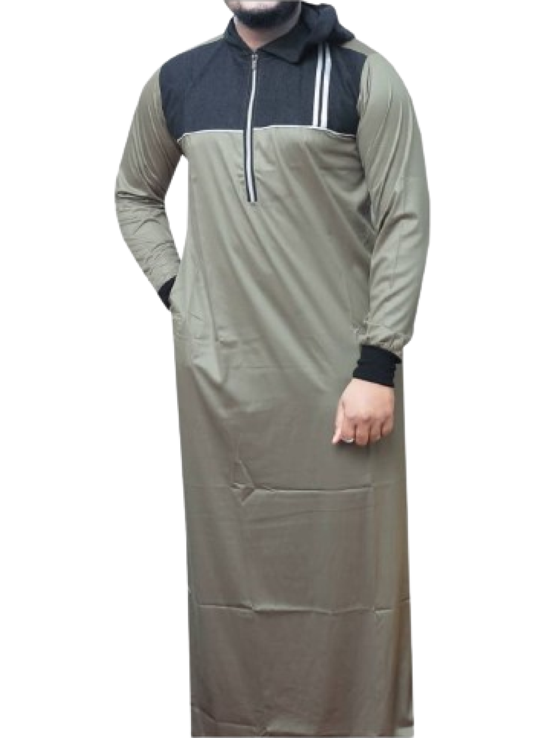 HOODED TUNIC KANZU FOR MEN,SAGE GREEN, ISLAMIC OR MUSLIM CLOTHING COLLECTIONS, PRAYER ROBES, CHEST AND WRIST COLOUR PATTERNS,VARIED SIZES,LONG SLEEVED, NO CHEST POCKETS, ZIP LINE CHEST, MODESTY, SIMPLE AND CLASSY, FROM TURKEY