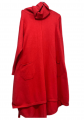NECK PULLOVER COTTON DRESS,XL, SHORT, HIGH-LOW HEMLINE, LONG SLEEVES, DOUBLE POCKETS, RED