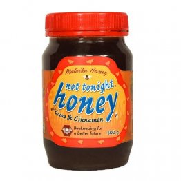 HONEY COCOA & CINNAMON 500g,-NOT TONIGHT, BEEKEEPING FOR A BETTER FUTURE-PLASTIC STRAIGHT SIDED JAR WITH A SQUARE RED LID