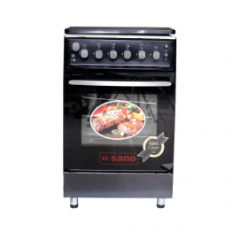 GAS/ELECTRIC COOKER, 3 GAS PLATES, 1 ELECTRIC PLATE, TEMPERATURE CONTROL FUNCTION, IGNITION SYSTEM ,TIMER, ROTISSERIE, GRILL, DOUBLE HEATER OVEN WITH 2 TRAYS, STAINLESS STEEL TOP, DOUBLE GLASS OVEN DOOR, METALLIC LID, ADJUSTABLE STANDS, BLACK, BY SANO