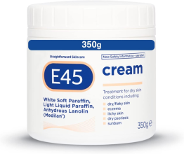 E45 CREAM, NON DRYING, GENTLE CLEANSING, SENSTIVE ON VERY DRY SKINS, LONG LASTING CARE, WHITE