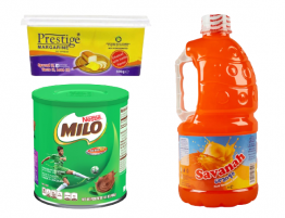 1 BOTTLE OF SAVANNAH JUICE, PRESTIGE MARGARINE 500G,  AND A TIN OF MILO CHOCOLATE 400G