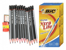 12 HB PENCILS, A RUBBER, SHARPENER, AND A BOX OF 50 CRISTAL XTRA LIFE BALL POINT PENS