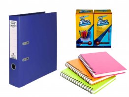 A PLASTIC BOX FOLDER,SMILE WAVE BALL POINT PENS AND A5 SPIRAL NOTEBOOK