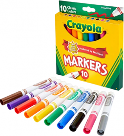ASSORTED COLORS,BROAD LINE MARKERS,BOLD,THICK,BRIGHT ULTRA CLEAN WASHABLE,NON-TOXIC BY CRAYOLA
