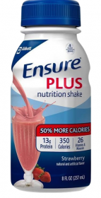 NUTRITION SHAKE ENSURE PLUS 237ML,STRAWBERRY,ENSURE PLUS,50% MORE CALORIES,GREAT TASTE,COMPLETE NUTRITION,STRENGTH & ENERGY,RED