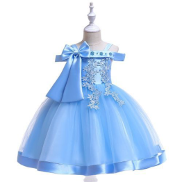 KIDS DRESS, ROUND NETTED, OFF SHOULDER, SLEEVLESS, FLORAL POLYSTER HIGH MATERIAL, ROUND NECKLINE, SKIN FRIENDLY, COMFORTABLE, BLUE