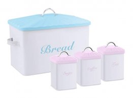 STORAGE CANISTERS SET OF 4 PIECES , DIFFERENT SIZES, COVER-TOP LIDS, SUITABLE FOR TEA,COFFEE, BREAD,SUGAR OR FRUITS  STORAGE,POWDER COATED STEEL, WHITE BLUE AND PINK