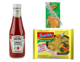 SPLASH MANGO 250ML,A BOX OF 40 CHICKEN INDOMIE INSTANT NOODLES SACHETS, AND A BOTTLE OF HEINZ TOMATO KETCHUP