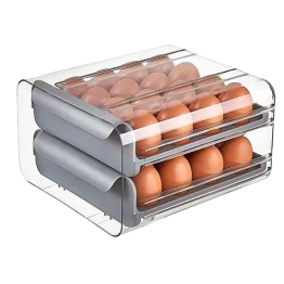 EGG STORAGE, 32 GRID CAPACITY, TWO LAYERS, STACKABLE, DOUBLE DECK BOX, PORTABLE, DURABLE, FOOD GRADE PLASTIC- GREY