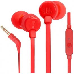 WIRED IN EAR HEADPHONES, JBL TUNE 110 HEADSETS, PURE BASS SOUND,111.3cm TANGLE FREE FLAT CABLE, 9.0MM DRIVER SIZE, RED, BY HARMAN