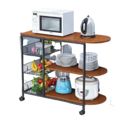 KITCHEN MOVABLE TROLLEY, MICROWAVE OVEN STAND, STORAGE ORGANIZER, 3 COMPARTMENTS, MULTI-FUNCTION, DURABLE, BROWN