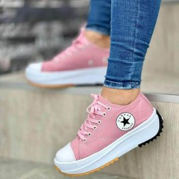 CANVAS SHOE FOR WOMEN,LEATHER,PINK COLOR WITH WHITE SOLE,HIGH-QUALITY AND DURABLE