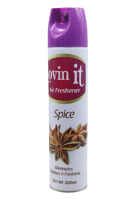 AIR FRESHENER 300ml, LOVIN IT SPICE SCENTED, KILLS BACTERIA, NON-STAINING, ELIMINATES BAD ODOR FOR HOMES, OFFICES, CARS, AND RESTROOMS, BY LOVIN IT