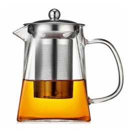 ELEGANT GLASS TEAPOT WITH INFUSER 350ML, STAINLESS STEEL LID & SIEVE, SQUARE SHAPE, TRANSPARENT, GLASS