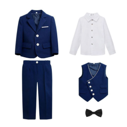 FORMAL SUIT FOR BOYS, AUTUMN DRESS SUIT SET, 5 PIECES, QUALITY LINEN MATERIAL, GOOD AIR PERMEABILITY, SUITABLE FOR ALL FORMAL OCCASIONS, BLUE
