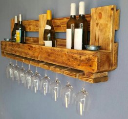 WOODEN WALL GLASS AND BOTTLE RACK, UNIQUELY DESIGNED AND SUITABLE FOR WINE DISPLAY AND GLASS STORAGE
