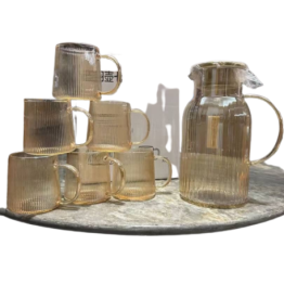 WATER JUG SET,  JUG WITH WOODEN LID, 6PCS 250ML CUPS, AMBER HUE COLOR DESIGN, STYLISH- GLASS