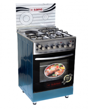 COOKER GAS AND ELECTRIC,3 GAS PLATES,1 ELECTRIC PLATE, TEMPERATURE CONTROL FUNCTION, IGNITION SYSTEM ,TIMER, ROTISSERIE, GRILL, DOUBLE HEATER OVEN WITH 2 TRAYS, STAINLESS STEEL TOP, DOUBLE GLASS OVEN DOOR, METALLIC LID, ADJUSTABLE STANDS, SILVER, BY SANO