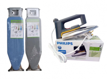A PHILIPS IRONING BOX AND AN IRONING BOARD