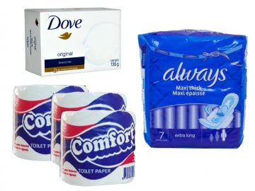 [BUNDLE] 10PCS OF 2 PLY COMFORT TOILET PAPER, 5 PACKS OF 7 PCS SANITARY PADS, AND  3 BARS DOVE 135G BATHING SOAP