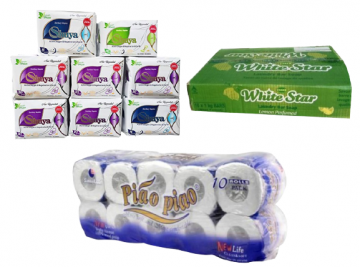 10 PIECES OF TOILET PAPER ROLLS,SANITARY PADS AND A 1KG WHITE BAR SOAP