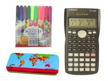 A SUPER SCIENTIFIC CALCULATOR,A KOFA GLOBAL MATHEMATICAL SET AND A PACK OF 10 FRUIT SCENTED MARKERS