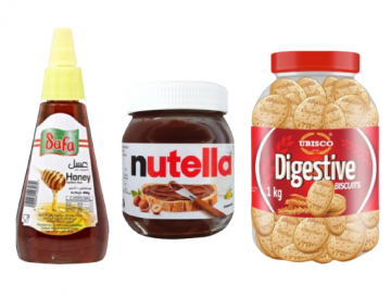 A JAR OF DIGESTIVE BISCUITS, A JAR OF NUTELLA ,AND A JAR OF SAFA HONEY