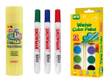 A DOZEN OF WHITEBOARD SNOWMAN MARKERS, A PIECE OF M&G GLUE STICK, AND A PACK OF 12 WATERCOLOR PAINT