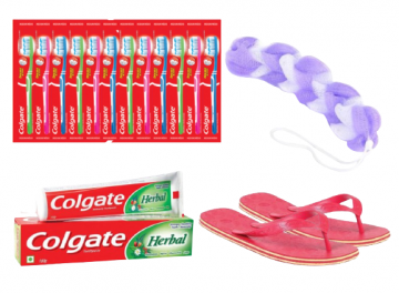 A PAIR OF SLIPPERS, A PIECE OF SPONGE,COLGATE HERBAL100G , AND A PACK OF DOUBLE ACTION COLGATE TOOTHBRUSH