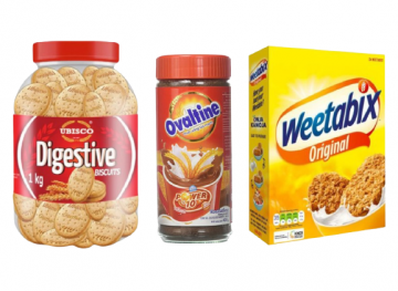 A JAR OF DIGESTIVE BISCUITS,OVALTINE CHOCOLATE DRINK AND A PACK OF WEETABIX 450G