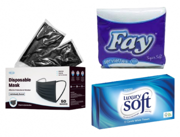 A BOX OF FACIAL TISSUE, A BOX OF 50 PIECES OF FACE MASKS, AND A PACK OF 100 SHEETS FAY SERVIETTE