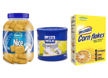A JAR OF NICE BISCUITS, LATO MILK POWDER 250G AND A PACK OF CORNFLAKES WEETABIX