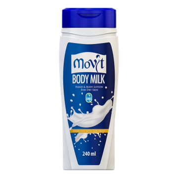 MOVIT BODY MILK HADN AND BODY LOTION 240g, FAST-ABSORBING AND NON-GREASY, ENRICHED WITH GLYCERIN, OILS AND SUNSCREEN FOR DRY SKIN, NOURISHES AND MOISTURIZES NATURALLY, FEELING HYDRATED, SMOOTH, SOFT, REJUVENATED AND FRESH, SUITABLE FOR SENSITIVE SKIN