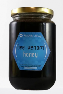 BEE VENOM HONEY 500g, CLEAR GLASS PARAGON NECK JAR WITH A GOLD METAL CONTINUOUS THREAD LINED CLOSURE
