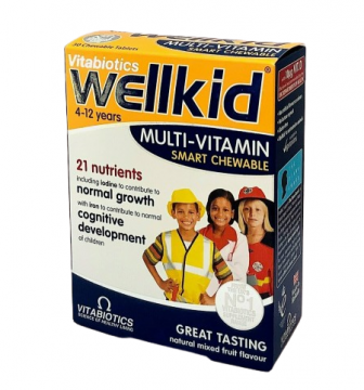 MULTI-VITAMIN CAPSULES,WELLKID JELLY PASTILLES,21 NUTRIENTS,30 CAPSULES SMART CHEWABLE,GREAT TASTING,NATURAL MIXED FRUIT FLAVOR BY VITABIOTICS
