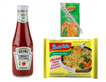 SPLASH MANGO 250ML,A BOX OF 40 CHICKEN INDOMIE INSTANT NOODLES SACHETS, AND A BOTTLE OF HEINZ TOMATO KETCHUP