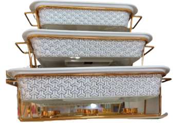 CERAMIC SERVING DISHES,THREE PIECES,1.8l 2.7l 3.7l CAPACITY,WITH HOT POT BOTTOM TRAY,GLASS LIDS,RECTANGULAR SHAPE,GOLD PLATED STANDDESIGN