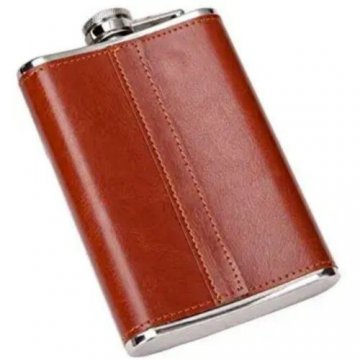 WHISKY FLASK,STAINLESS STEEL AND LEATHER,BROWN COLOR