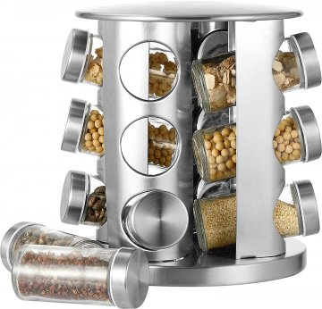 SPICE RACK WITH 12 GLASS JARS,STAINLESS STEEL,ROTATING CHASSIS,DURABLE,SILVER BY CHEER COLLECTION