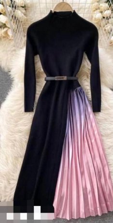 ELEGANT GRADIENT PLEATED SPLICING BELTED KNIT MAXI DRESSES