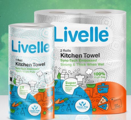 2-ROLLS PAPER KITCHEN TOWEL, BIODEGRADABLE, 220X250mm, SYNC-TECH EMBOSSED, EXTRA THICK AND STRONG BY LIVELLE'