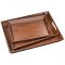 WOODEN SERVING TRAYS, NESTING TRAYS, 3 PIECE SET, RECTANGULAR, CUT OUT HANDLES, COUNTRY RUSTIC, BROWN FINISH