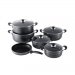 COOKWARE SET OF 11 PIECES of VARYING SIZES,COOKING POTS, CASSEROTE, WOK PAN, SAUCE PAN, STAINLESS STEEL, DURABLE, HIGH QUALITY,BLACK