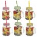 JUICE GLASS CUPS,500ML,METALLIC SCREW-TOP LID,STRIPED STRAW,SET OF 6 PIECES